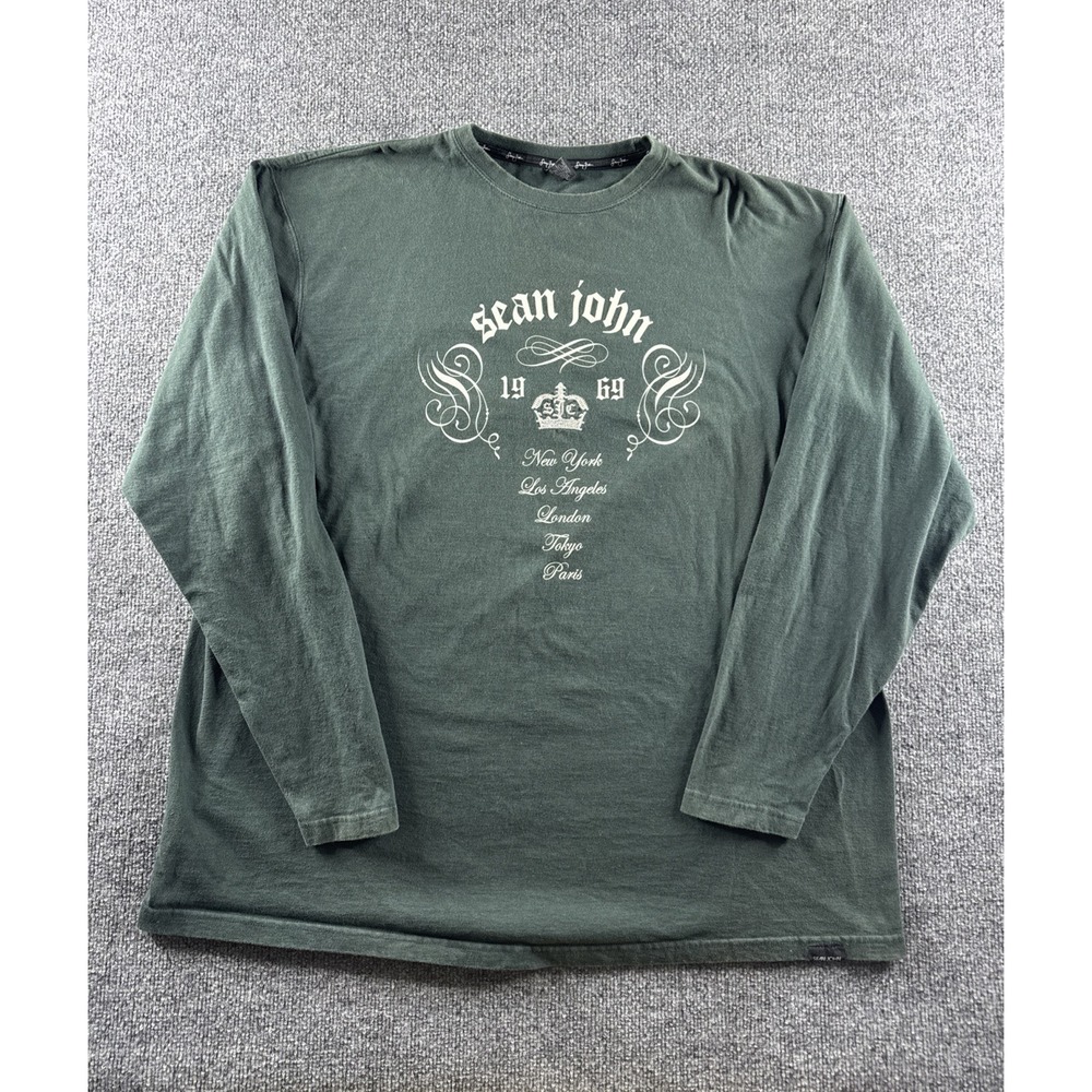 Sean John Shirt Men XXL Green Long Sleeve 1969 Graphic Spell Out Rap Hip Hop Y2K